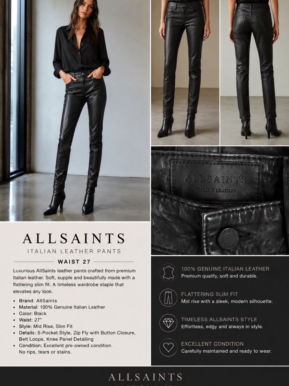 AllSaints Black Leather Skinny Jeans